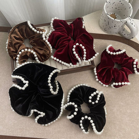 Vintage Velvet Beads Hair Ring Temperament Oversized Flocking Classic Style All-matching Elegant Fashion High Elastic Black Hair Rope